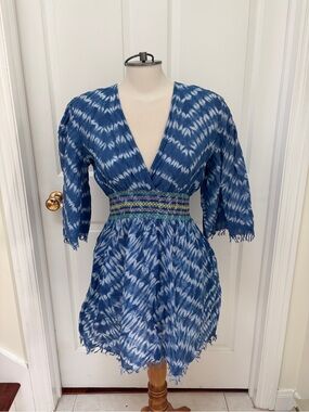 Blue Tie-Dye V-Neck Smocked Waist Dress coverup